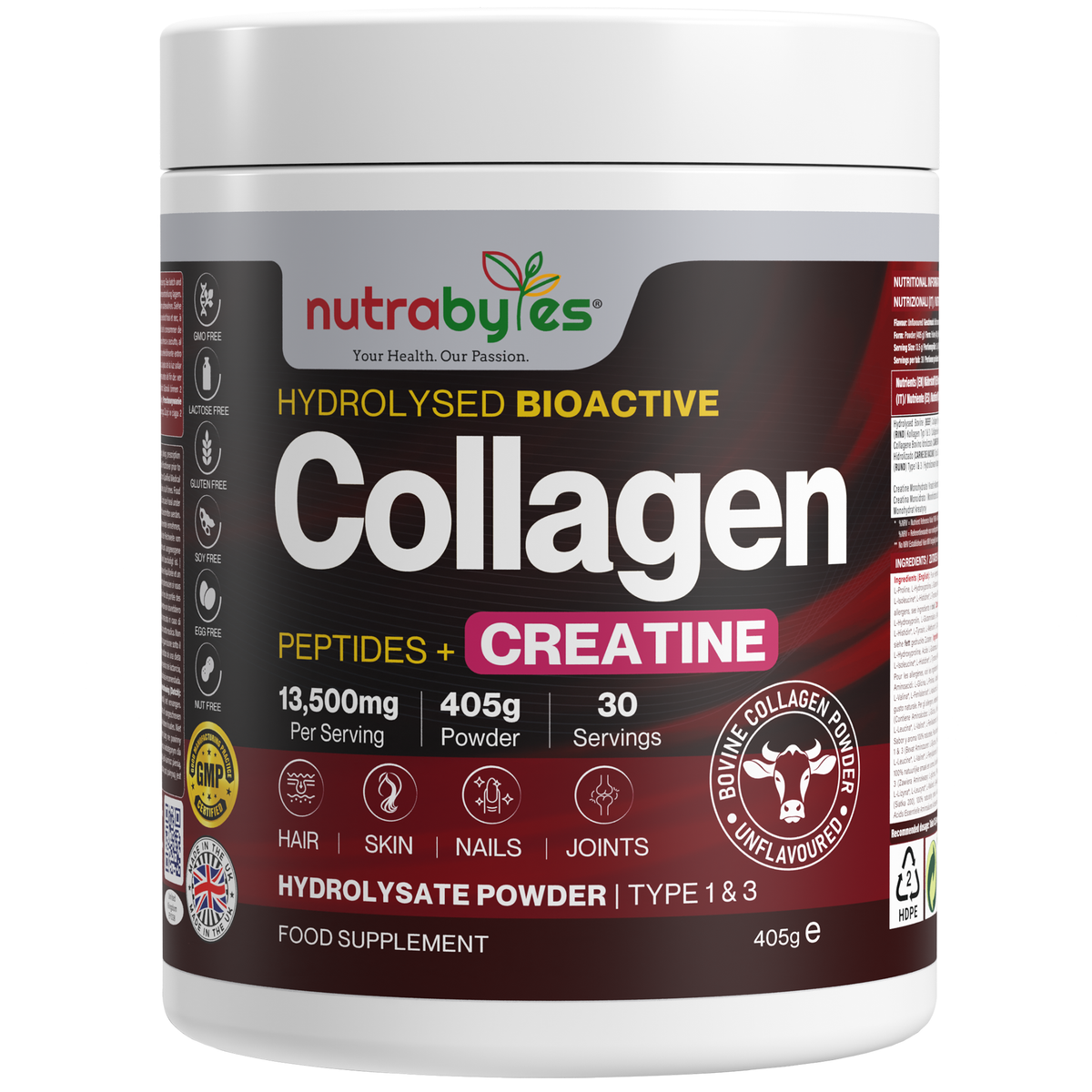 Nutrabytes collagen powder container with label on a white background