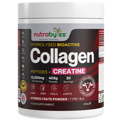 Nutrabytes collagen powder container with label on a white background