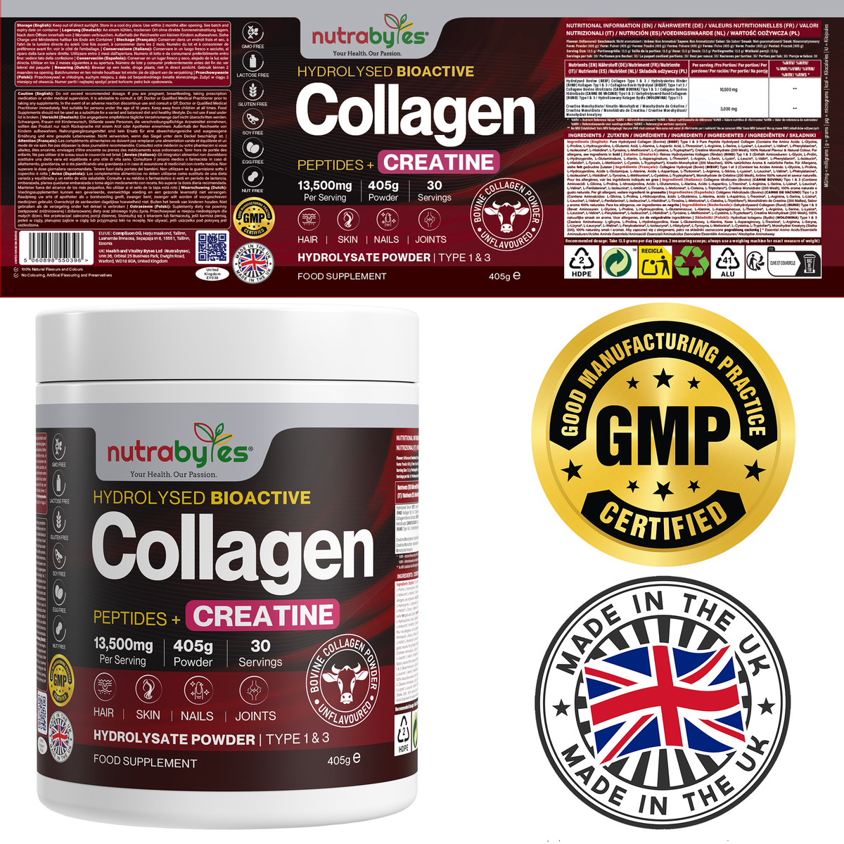 Collagen Powder with Creatine Monohydrate | Bovine Collagen & Micronised Creatine | Unflavoured | 405g