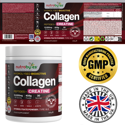 Collagen Powder with Creatine Monohydrate | Bovine Collagen & Micronised Creatine | Unflavoured | 405g