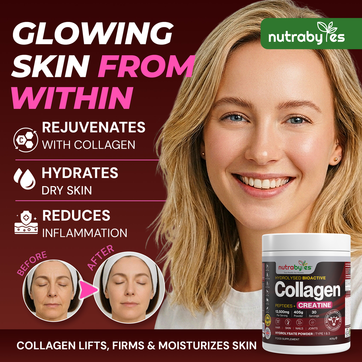 Collagen Powder with Creatine Monohydrate | Bovine Collagen & Micronised Creatine | Unflavoured | 405g