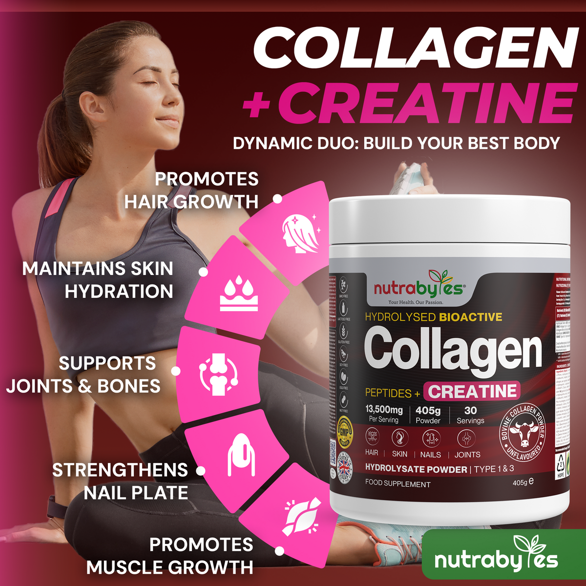 Collagen Powder with Creatine Monohydrate | Bovine Collagen & Micronised Creatine | Unflavoured | 405g