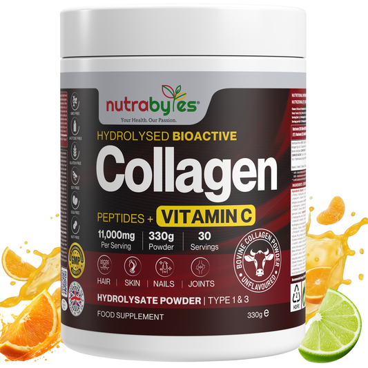 Nutrabytes collagen supplement container with orange and lime graphics on a white background