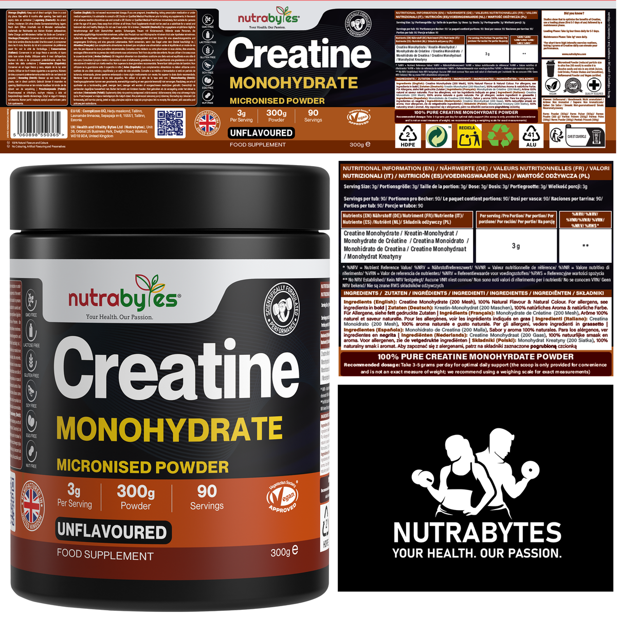 Creatina Monohidrato en Polvo 300g | Micronizada Pura | 100 Dosis | Sin Sabor | Vegano