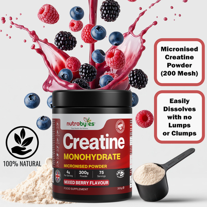 Creatina Monohidratada en Polvo 300g | Micronizada Pura | 75 Dosis | Sabor Frutas del Bosque | Vegano