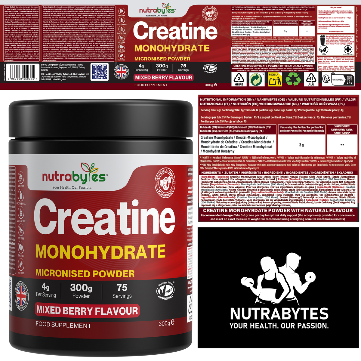 Creatina Monohidratada en Polvo 300g | Micronizada Pura | 75 Dosis | Sabor Frutas del Bosque | Vegano