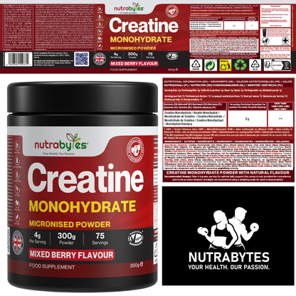 Creatina Monohidratada en Polvo 300g | Micronizada Pura | 75 Dosis | Sabor Frutas del Bosque | Vegano