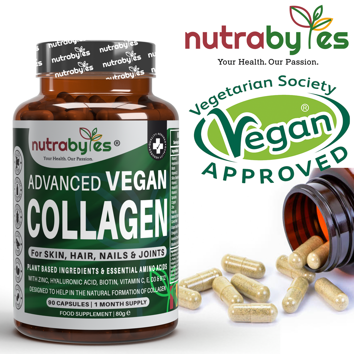 Colágeno Vegano Avanzado | Fórmula a Base de Plantas con Aminoácidos Esenciales | 90 Cápsulas | Suministro para 1 Mes