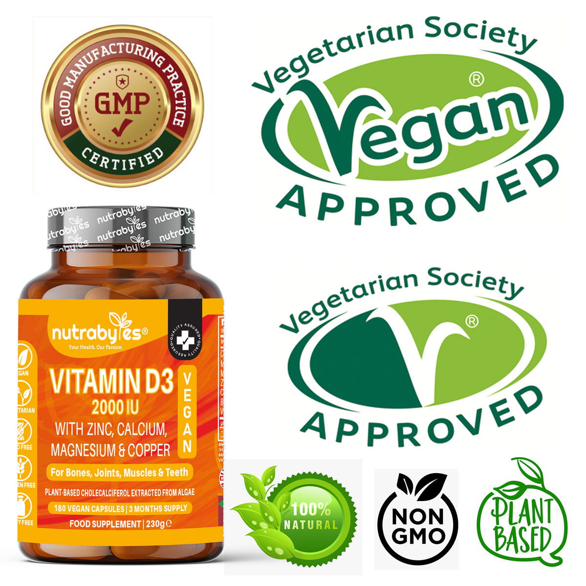 Vegan Vitamin D3 2000 IU | with Calcium, Magnesium, Zinc & Copper | 180 Capsules | 3-Month Supply