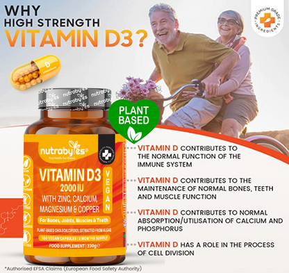 Vegan Vitamin D3 2000 IU | with Calcium, Magnesium, Zinc & Copper | 180 Capsules | 3-Month Supply