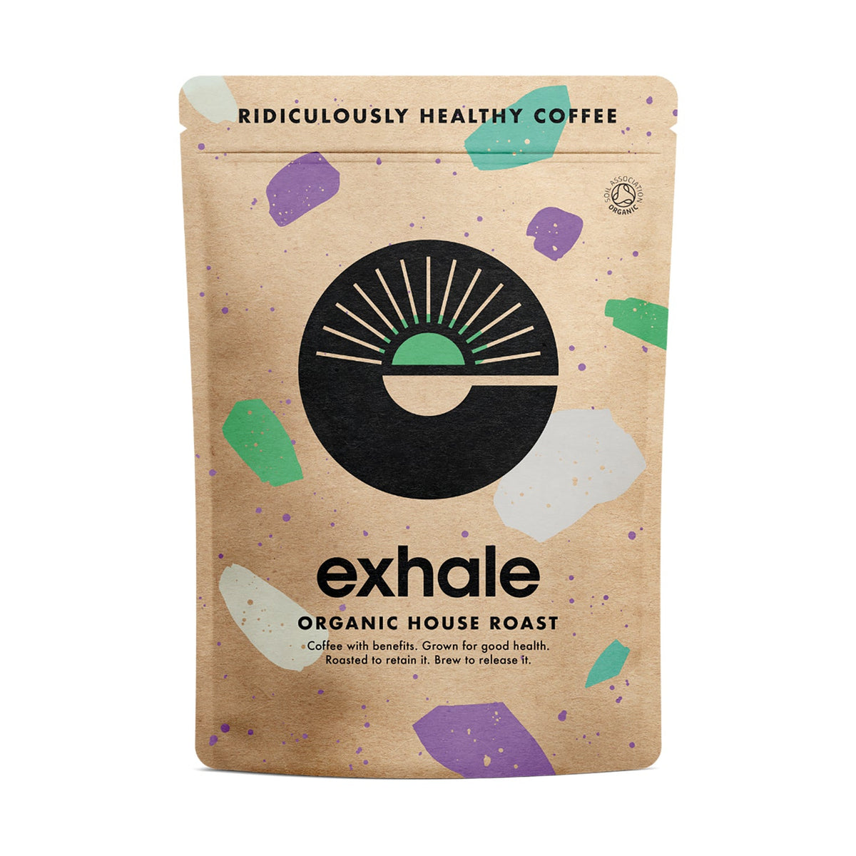 Exhale organic house roast coffee package on a white background
