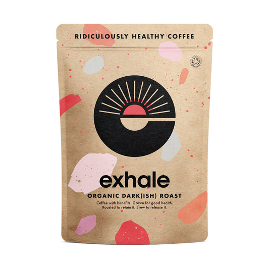 Exhale organic dark roast coffee package with decorative elements on a white background