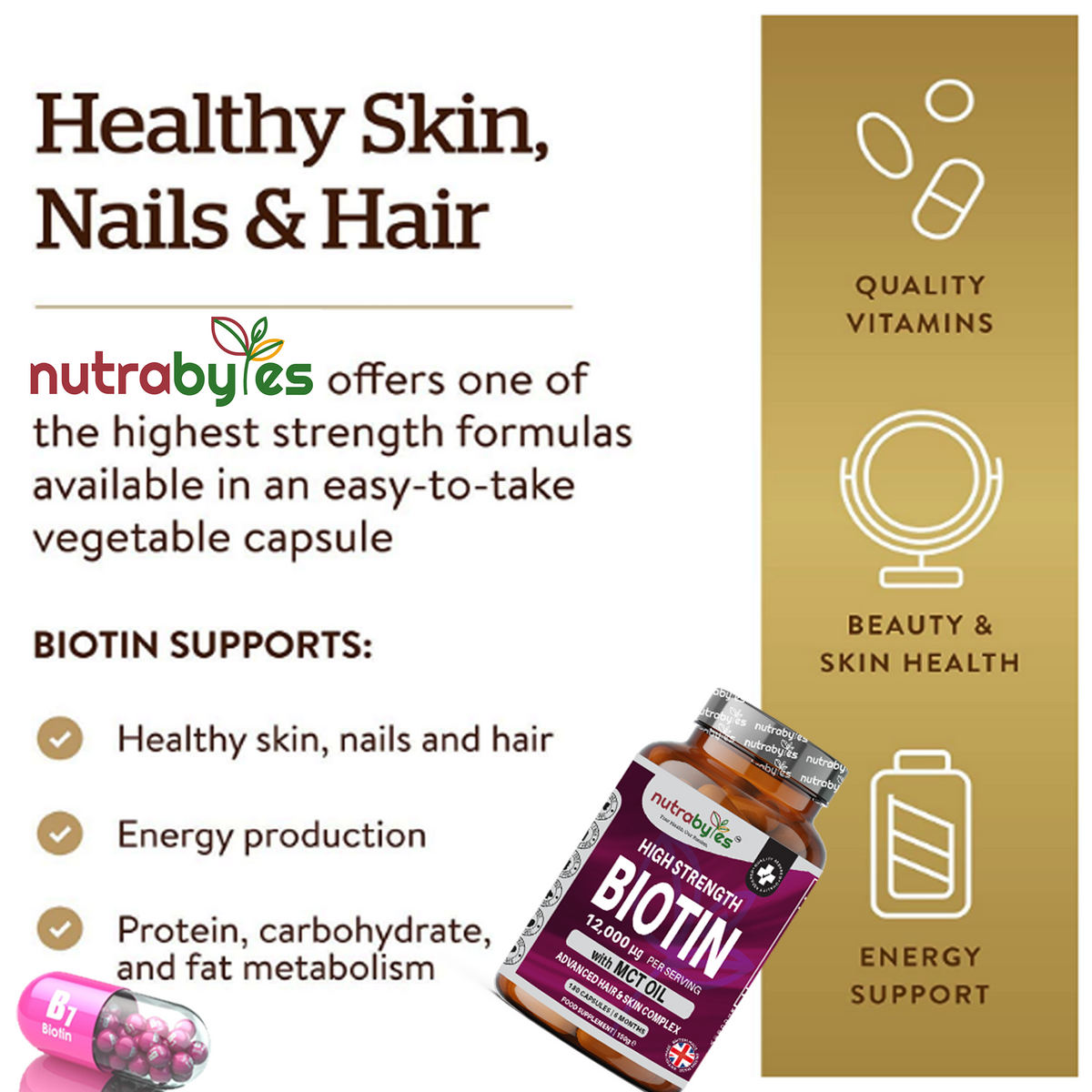 Biotina de alta concentración 12.000mcg con aceite MCT (coco) | 180 cápsulas veganas | Suministro para 6 meses