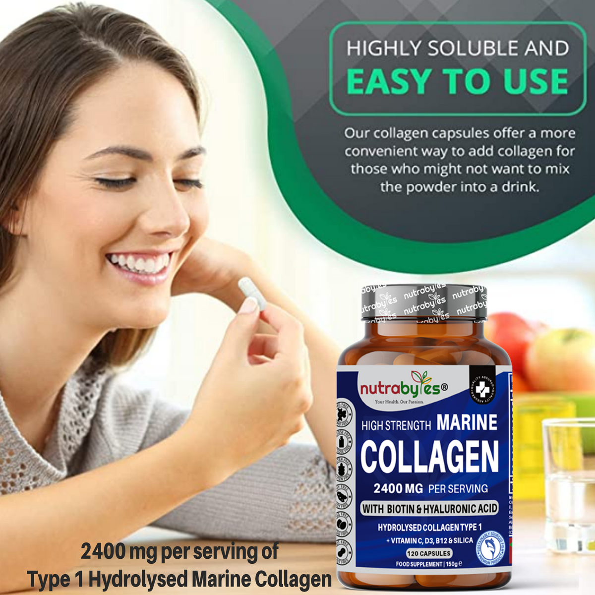 High Strength Marine Collagen Capsules 2400mg | with Vitamin C, Hyaluronic Acid & Biotin | 120 Capsules