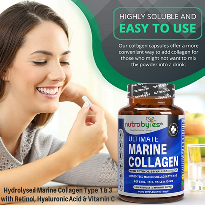 Ultimate Marine Collagen Capsules | Hyaluronic Acid, Vitamin C & Retinyl Acetate | 180 Capsules | 3-Month Supply