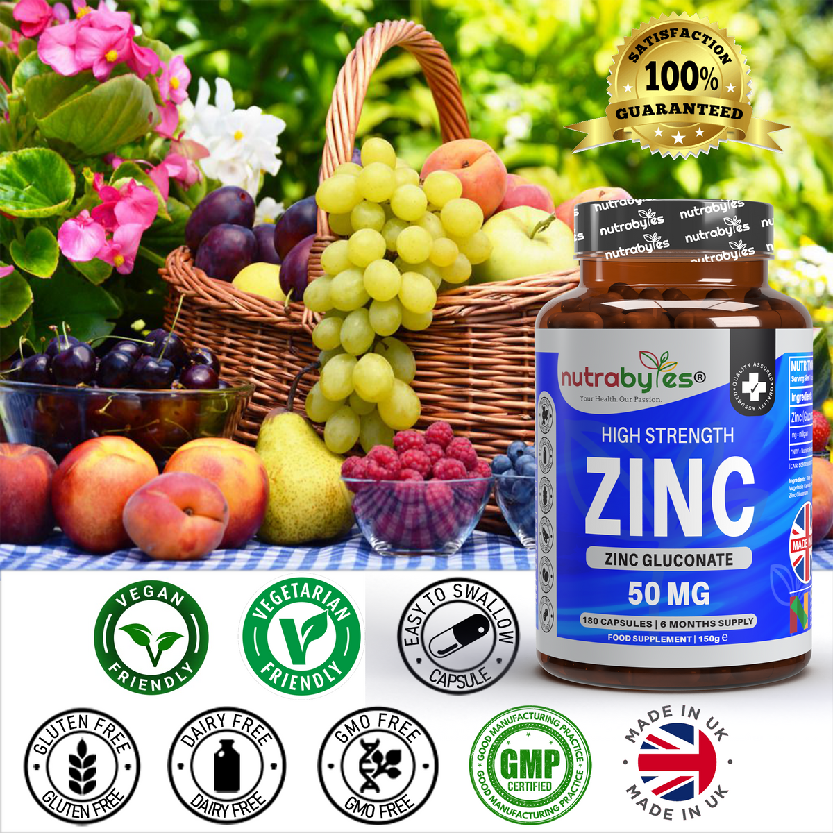 Gluconato de Zinc 50mg | Máxima Potencia | 180 Cápsulas Veganas | Suministro para 6 Meses