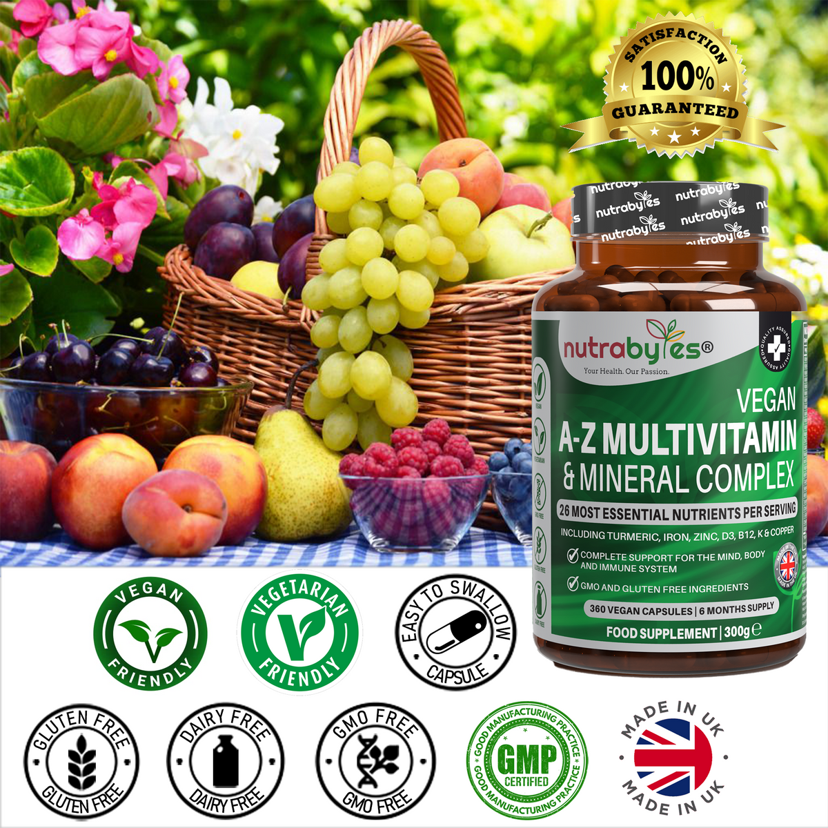 Vegan A-Z Multivitamin & Mineral Complex | 26 Nutrients | 360 Capsules | 6-Month Supply