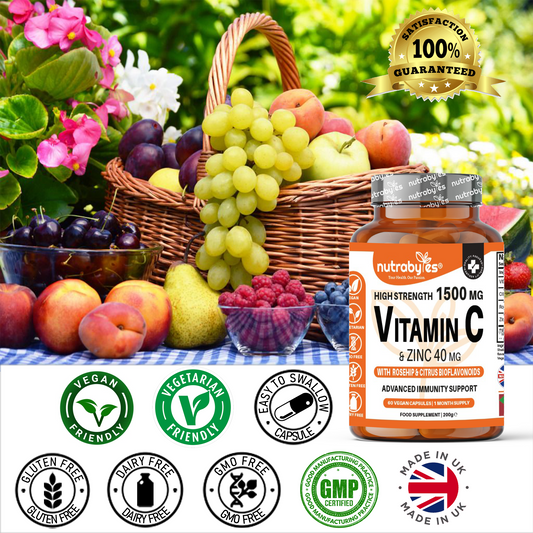 Vitamina C de Alta Potencia 1500mg y Zinc 40mg | con Escaramujo y Bioflavonoides | 60 Cápsulas Veganas