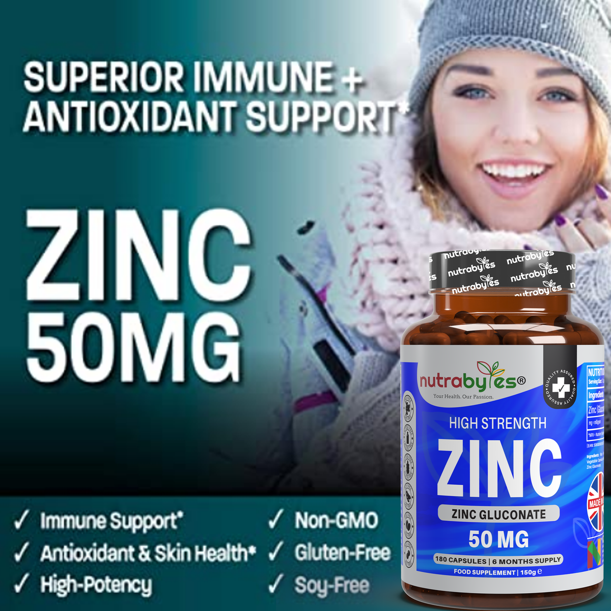 Gluconato de Zinc 50mg | Máxima Potencia | 180 Cápsulas Veganas | Suministro para 6 Meses