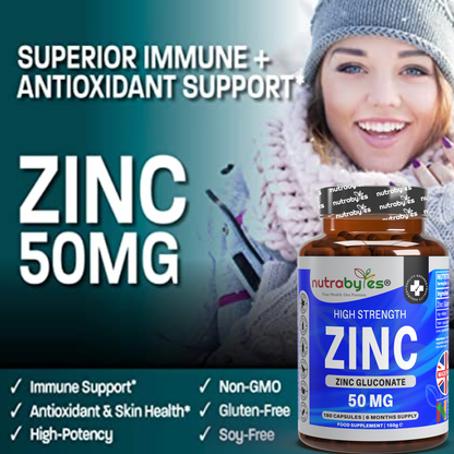 Gluconato de Zinc 50mg | Máxima Potencia | 180 Cápsulas Veganas | Suministro para 6 Meses