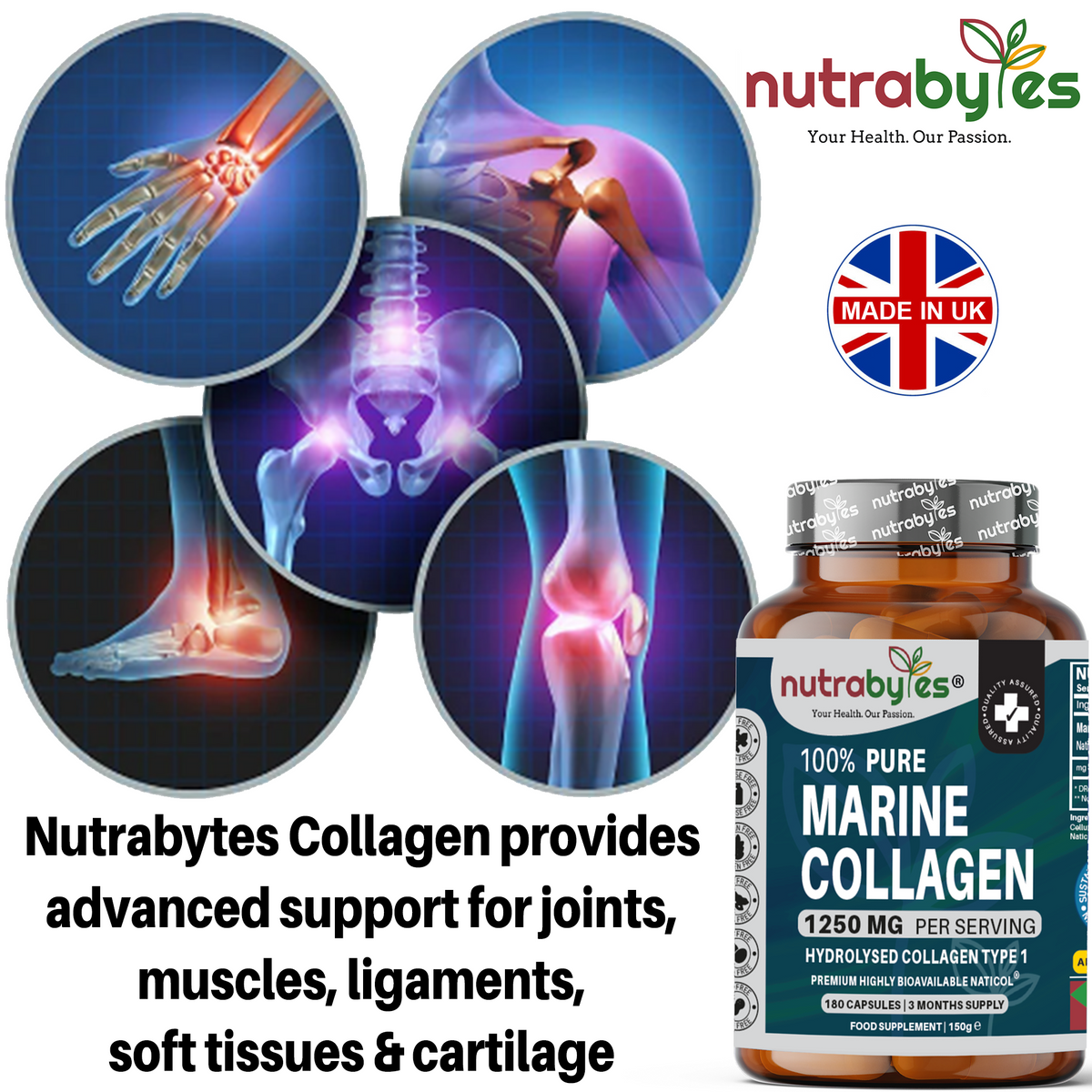 Nutrabyles collagen supplement bottle with images of joints and a brand logo.