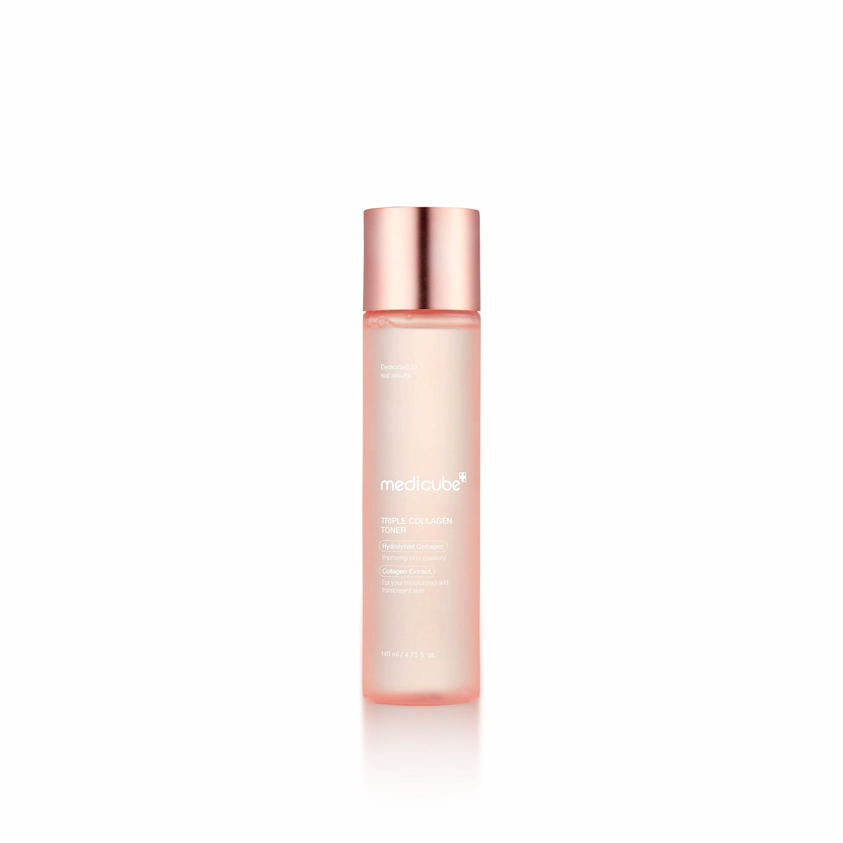 Skincare bottle with rose gold cap on a white background