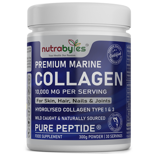 Nutrabytes Premium Marine Collagen supplement container on a white background