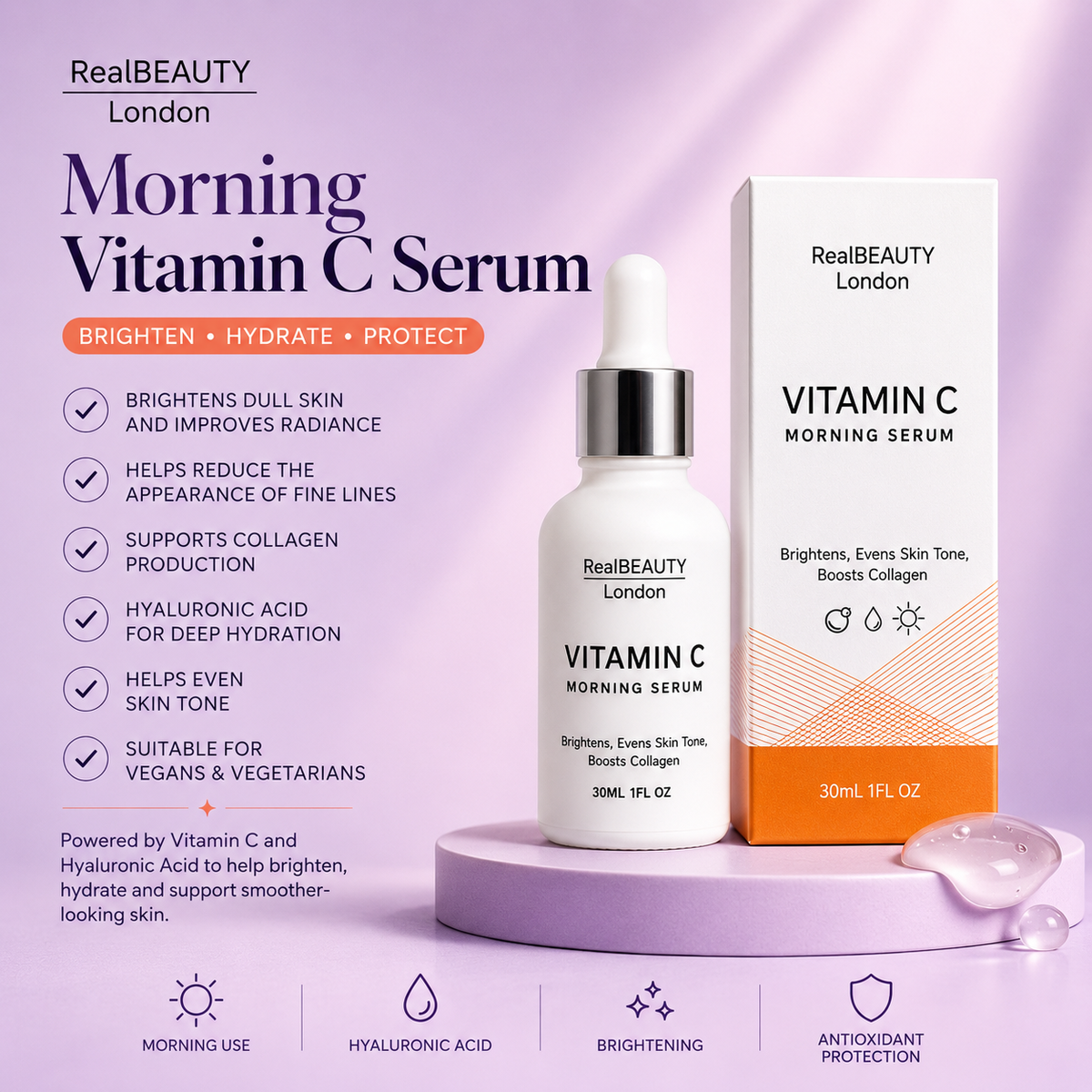 Real Beauty London Morning Vitamin C Serum – Brightening & Antioxidant Facial Serum