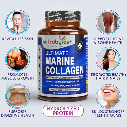Ultimate Marine Collagen Capsules | Hyaluronic Acid, Vitamin C & Retinyl Acetate | 180 Capsules | 3-Month Supply
