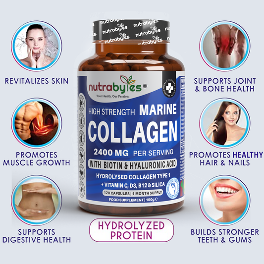 Cápsulas de colágeno marino de alta potencia 2400 mg | con vitamina C, ácido hialurónico y biotina | 120 cápsulas