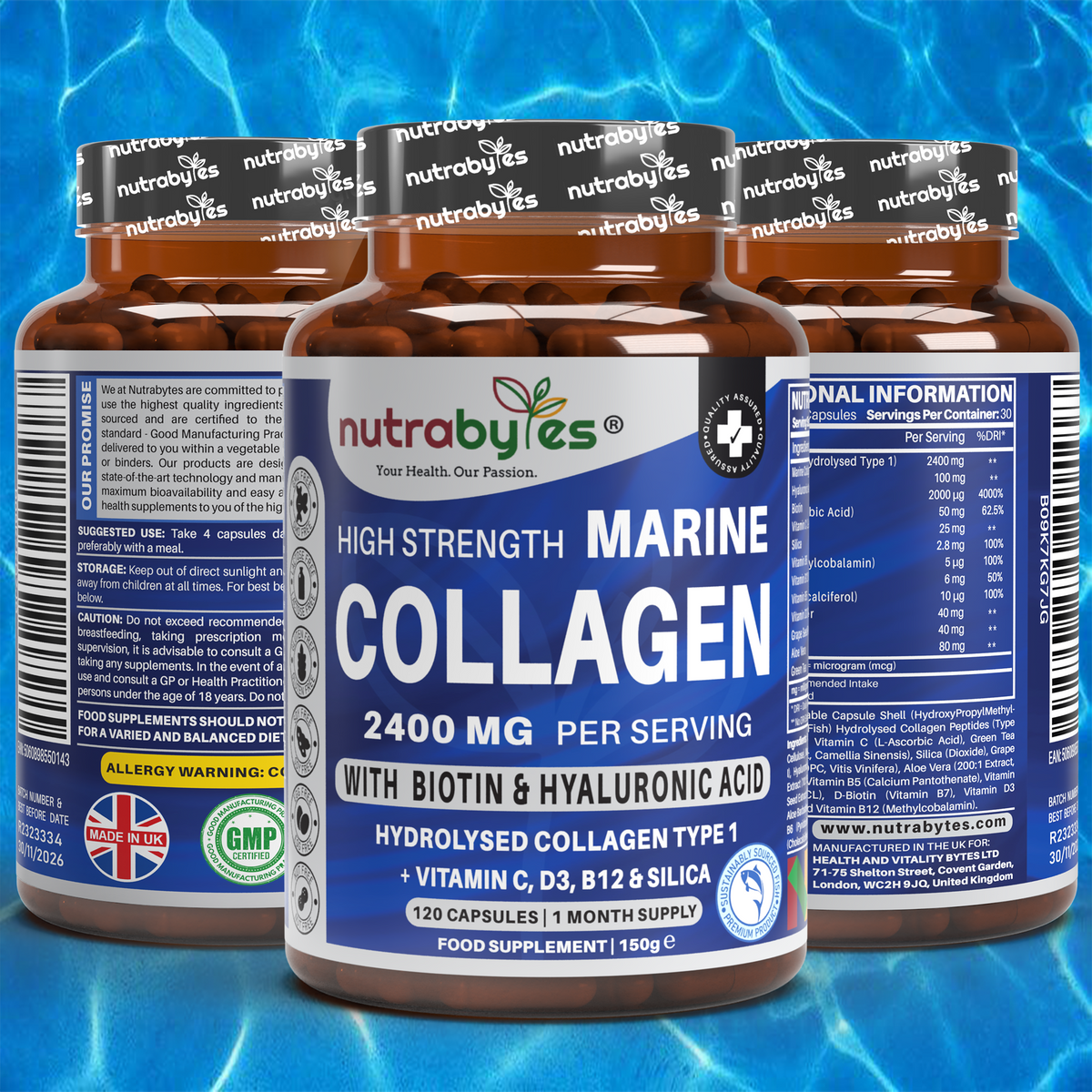 High Strength Marine Collagen Capsules 2400mg | with Vitamin C, Hyaluronic Acid & Biotin | 120 Capsules