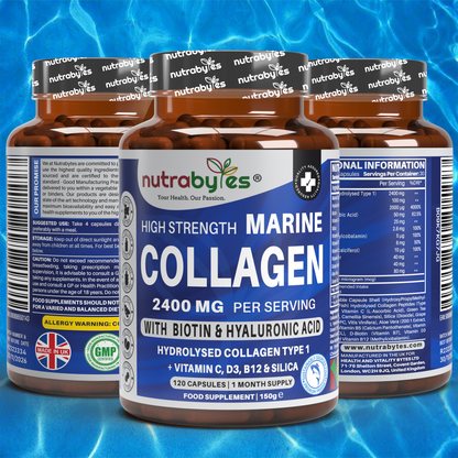 High Strength Marine Collagen Capsules 2400mg | with Vitamin C, Hyaluronic Acid & Biotin | 120 Capsules