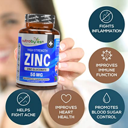 Gluconato de Zinc 50mg | Máxima Potencia | 180 Cápsulas Veganas | Suministro para 6 Meses