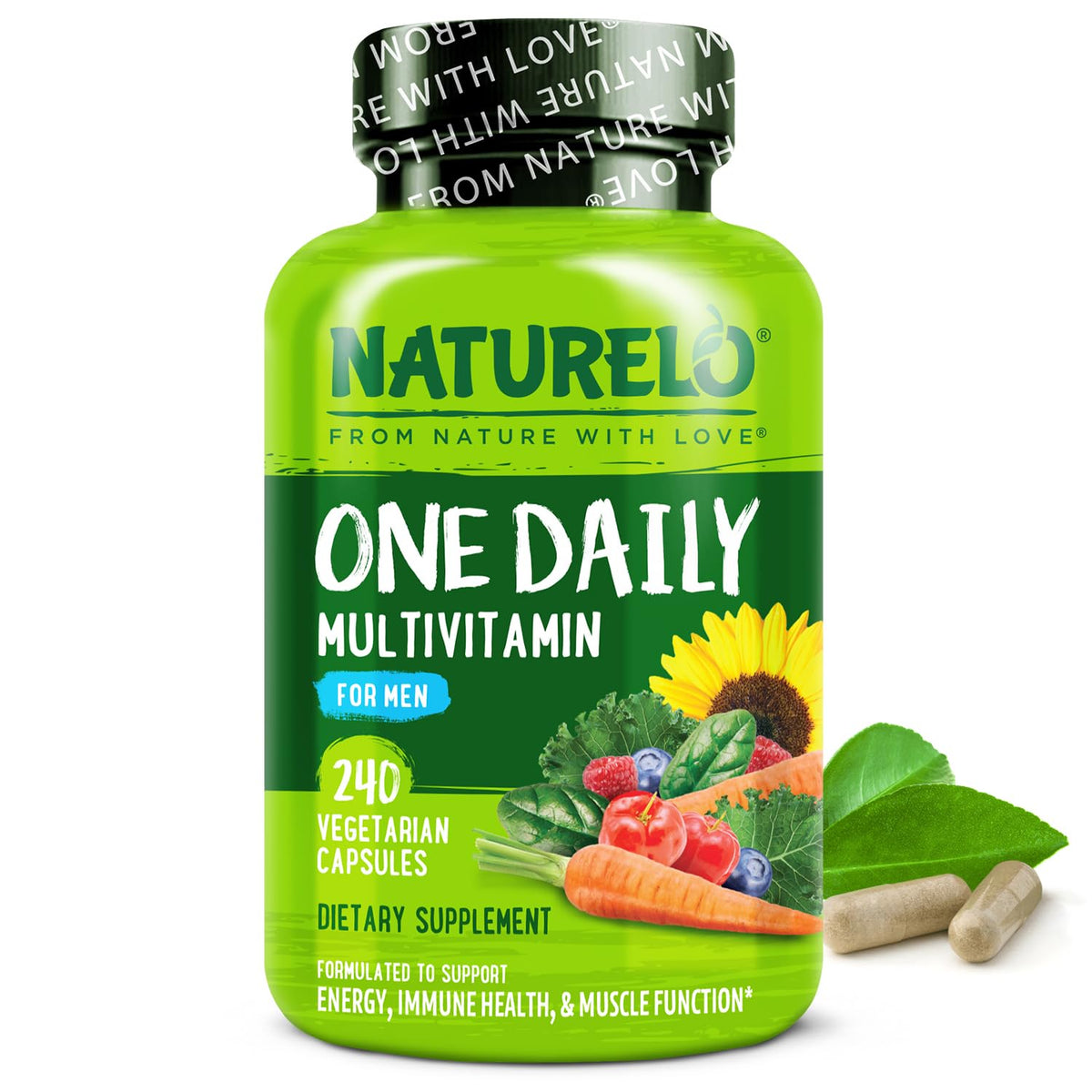 Multivitamínico para hombres NATURELO – Multivitamínico diario para hombres con alimentos integrales orgánicos y nutrientes de alta absorción | Sin OGM, 240 cápsulas vegetales