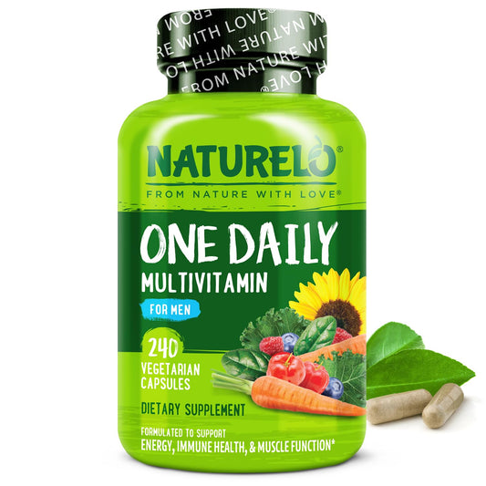 Multivitamínico para hombres NATURELO – Multivitamínico diario para hombres con alimentos integrales orgánicos y nutrientes de alta absorción | Sin OGM, 240 cápsulas vegetales