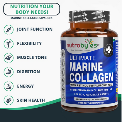 Ultimate Marine Collagen Capsules | Hyaluronic Acid, Vitamin C & Retinyl Acetate | 180 Capsules | 3-Month Supply