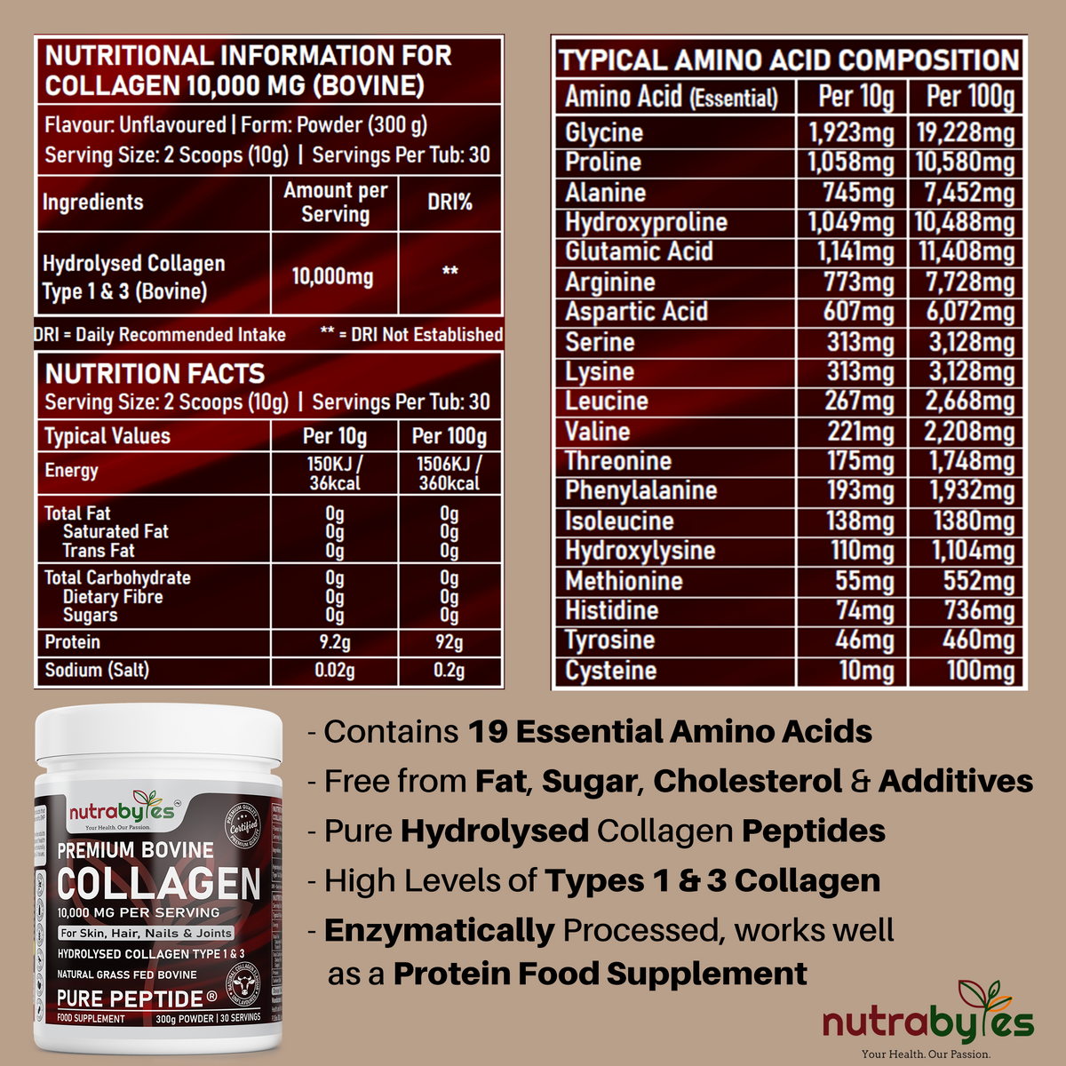 Premium Bovine Collagen Powder 10,000mg | Pure Hydrolysed Peptides Types 1 & 3 | Unflavoured