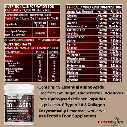 Premium Bovine Collagen Powder 10,000mg | Pure Hydrolysed Peptides Types 1 & 3 | Unflavoured