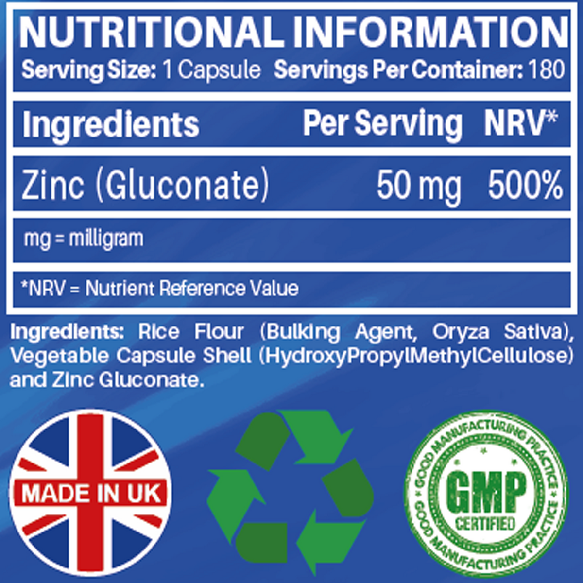 Gluconato de Zinc 50mg | Máxima Potencia | 180 Cápsulas Veganas | Suministro para 6 Meses