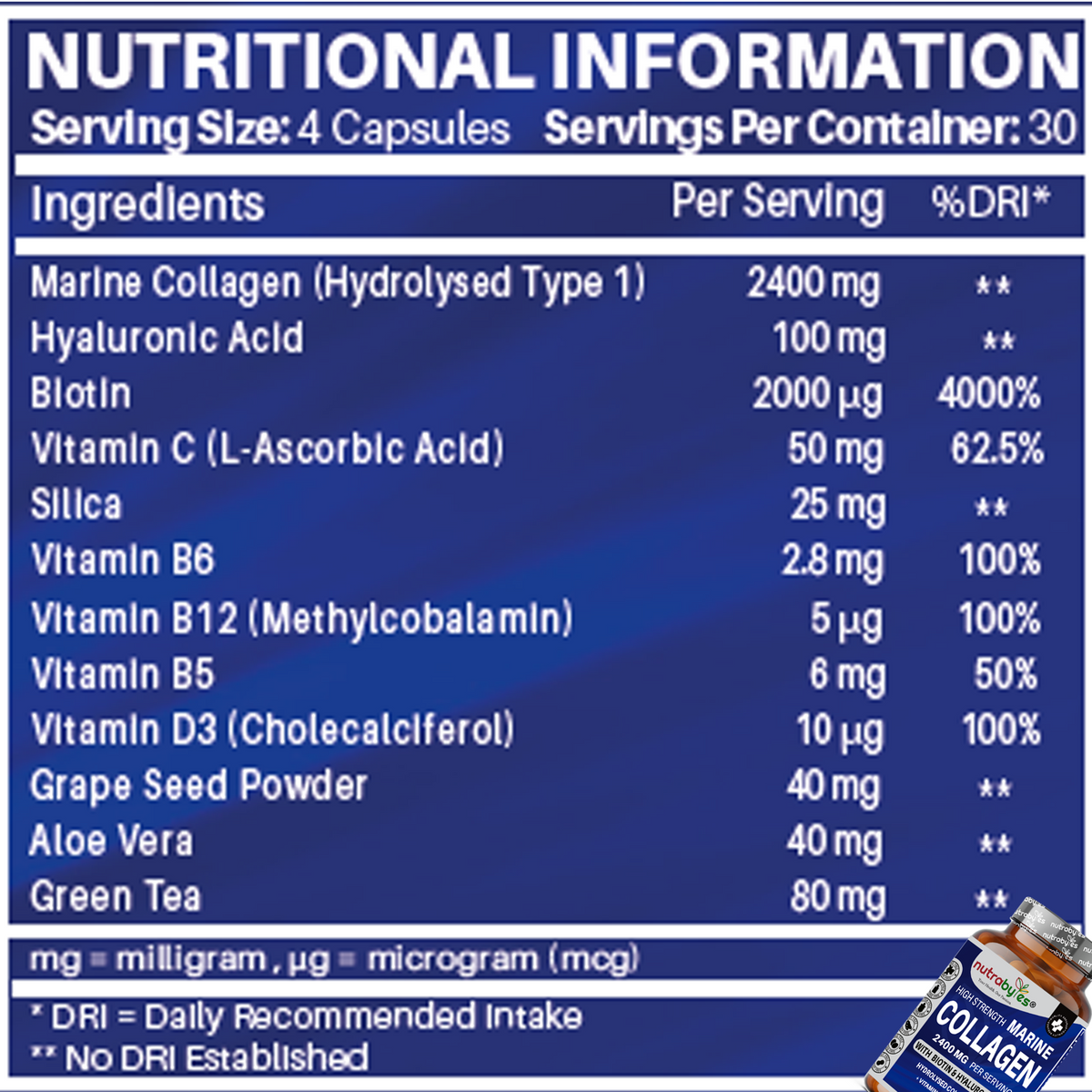 High Strength Marine Collagen Capsules 2400mg | with Vitamin C, Hyaluronic Acid & Biotin | 120 Capsules