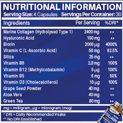 High Strength Marine Collagen Capsules 2400mg | with Vitamin C, Hyaluronic Acid & Biotin | 120 Capsules