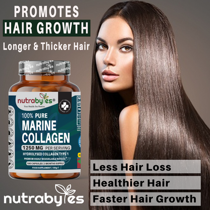 Nutrabyles marine collagen supplement bottle with a woman with long hair and text promoting hair health.