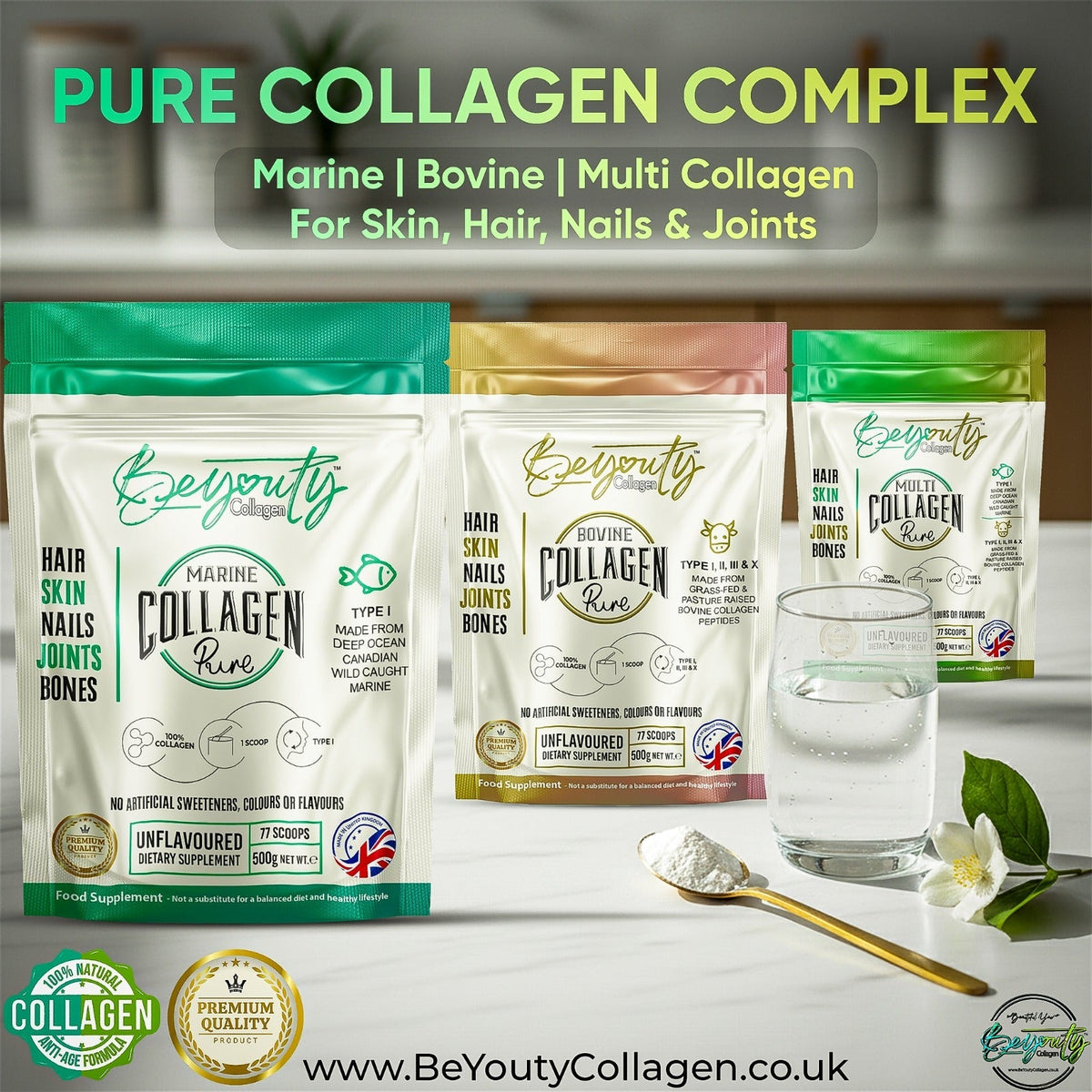 BeYouty Bovine & Marine Collagen Powder, 550g