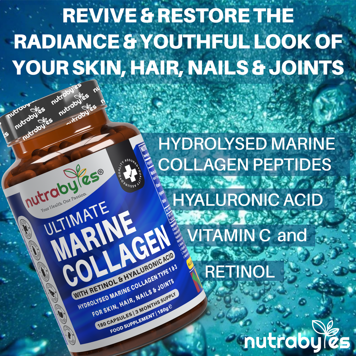 Ultimate Marine Collagen Capsules | Hyaluronic Acid, Vitamin C & Retinyl Acetate | 180 Capsules | 3-Month Supply