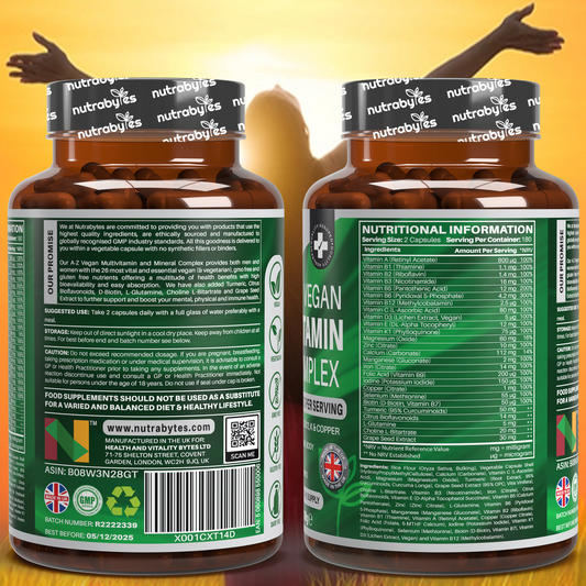 Complejo multivitamínico y mineral vegano A-Z | 26 nutrientes | 360 cápsulas | Suministro para 6 meses