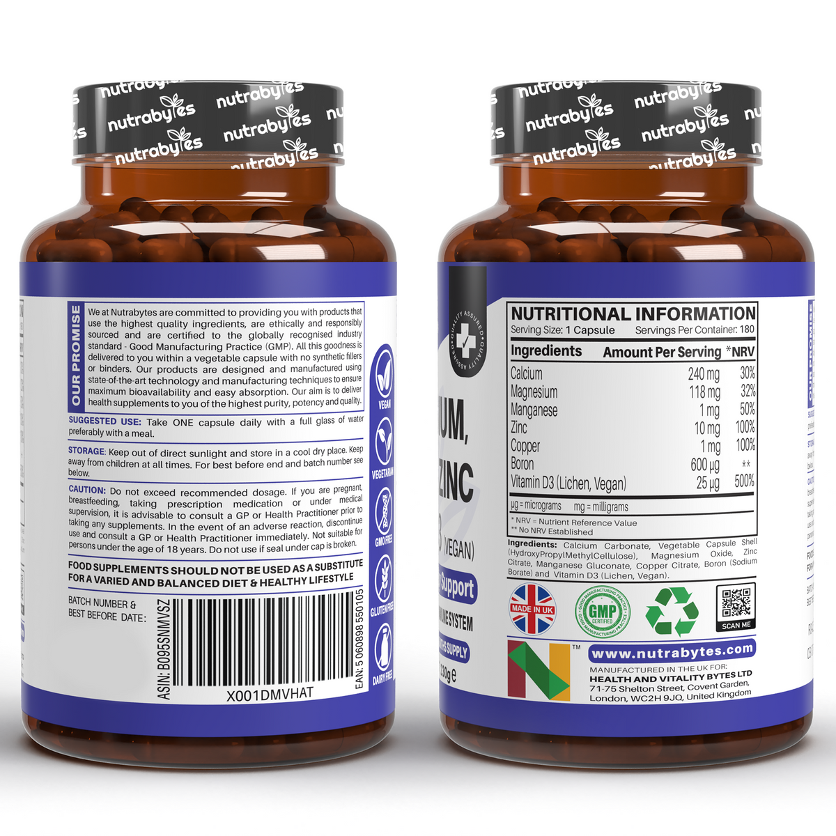 Complejo de Magnesio, Calcio, Zinc y Vitamina D3 | Apoyo Inmunológico Avanzado | 180 Cápsulas Veganas