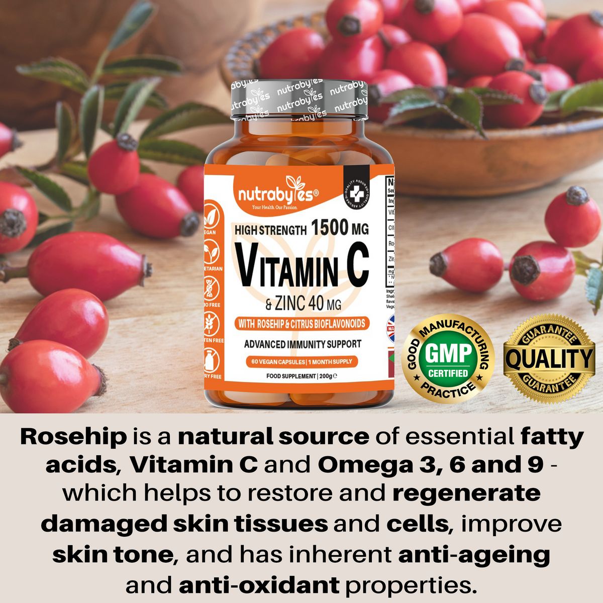 High Strength Vitamin C 1500mg & Zinc 40mg | with Rosehip & Bioflavonoids | 60 Vegan Capsules