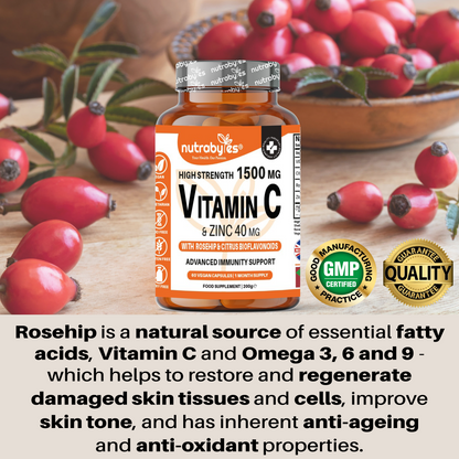 High Strength Vitamin C 1500mg & Zinc 40mg | with Rosehip & Bioflavonoids | 60 Vegan Capsules