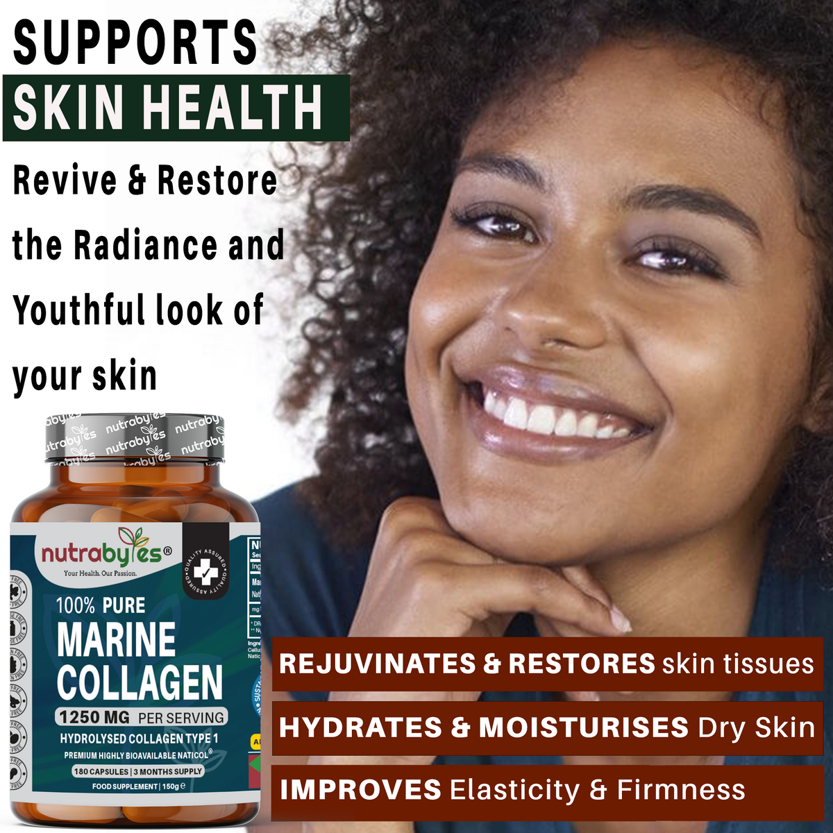 Nutrbyles marine collagen supplement with a woman smiling in the background, highlighting skin health benefits.
