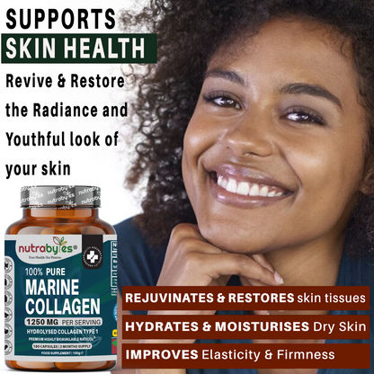Nutrbyles marine collagen supplement with a woman smiling in the background, highlighting skin health benefits.